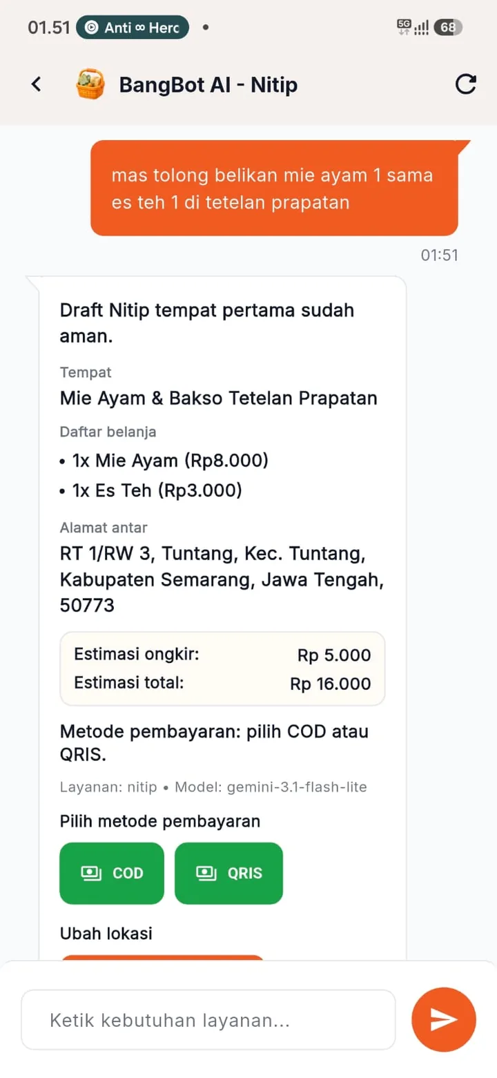 Customer app: the chatbot turns a casual request for noodles and iced tea into an errand order draft with the store, items, delivery address, estimated fare and payment options.
