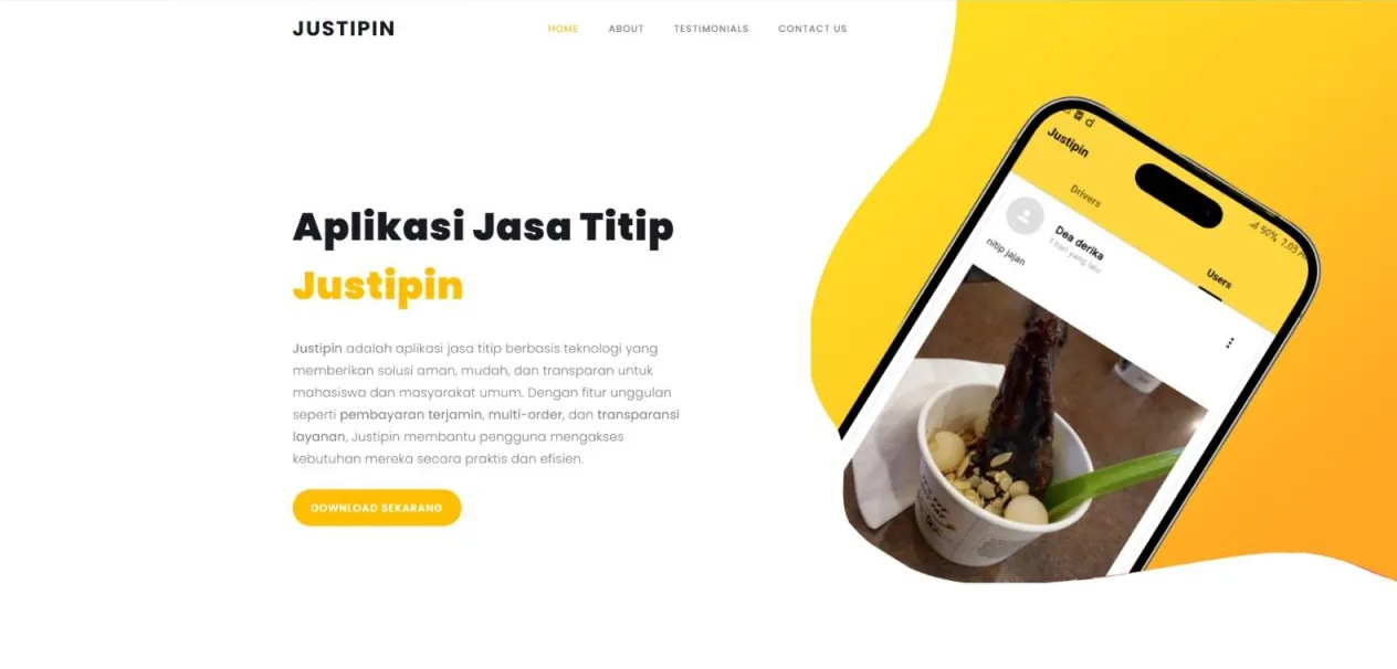 Justipin's landing page: the heading ‘Aplikasi Jasa Titip Justipin’ next to a phone showing the app.