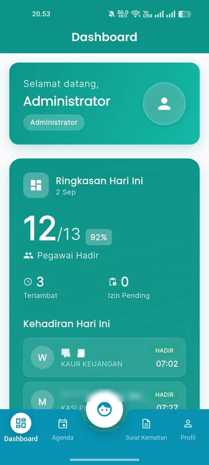 Admin dashboard in the mobile app: today's summary shows 12 of 13 staff present, 3 late and no pending leave requests. Staff names are hidden.