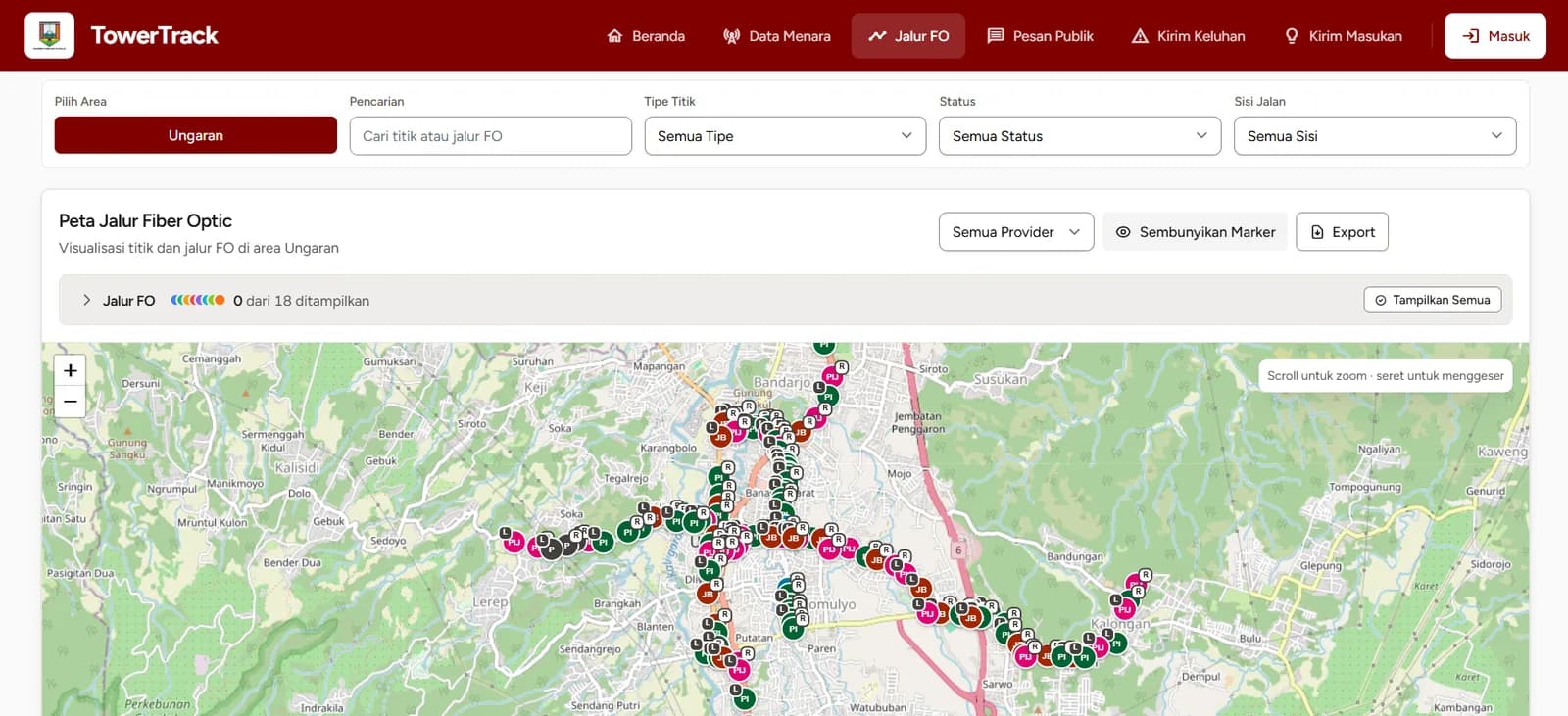 Fiber-optic route map for the Ungaran area with filters for area, search, point type, status, road side and provider.
