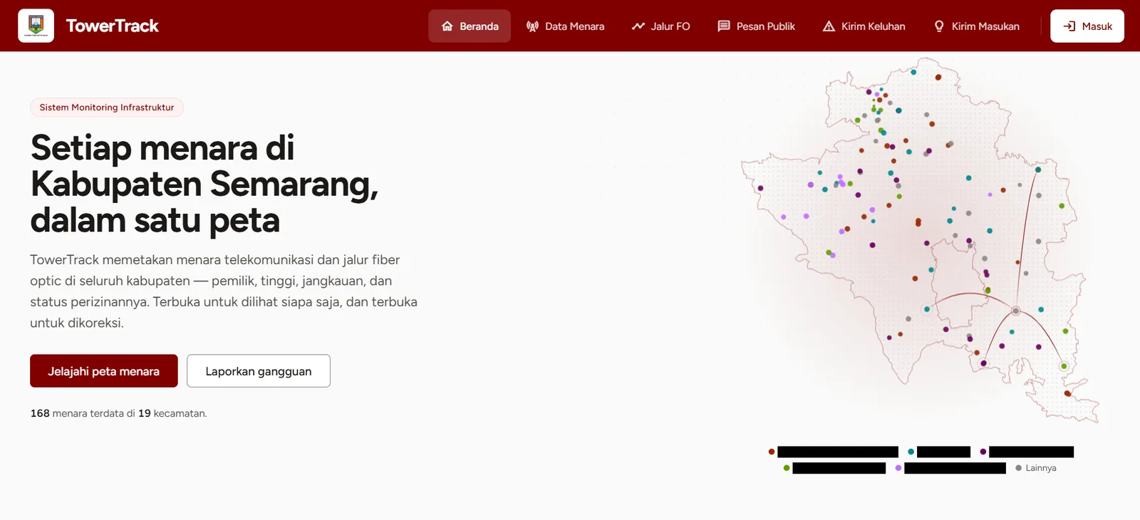 TowerTrack's public home page: a map of Semarang Regency with tower markers and the heading ‘Setiap menara di Kabupaten Semarang, dalam satu peta’.